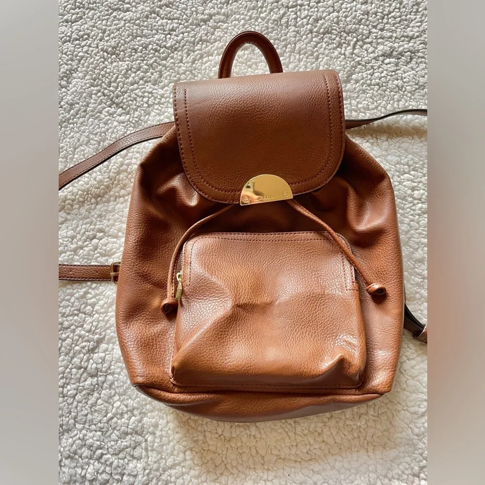 ALDO Drawstring Brown Backpack Adjustable Straps Snap Flap Closure - Picture 4 of 16